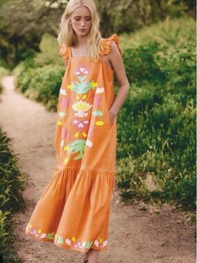 EUC See and Be Seen Orange Floral Appliqué Tiered Maxi Sun Dress Medium